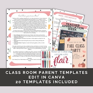 20 plantillas editables, paquete para padres del aula, voluntario, carta de bienvenida, invitación a la fiesta de la clase, etiqueta de regalo, agradecimiento al maestro, mamá del aula