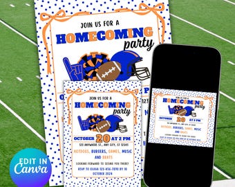 Könnte beinhalten: Einladung zur Homecoming-Party mit Football-Thema. Das Design zeigt ein blau-orangenes Farbschema, einen Footballhelm, einen Football und einen Schaumstoff-Finger. Die Einladung enthält den Text "Join us for a Homecoming party".