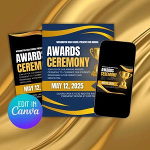 Puede incluir: Un cartel azul y dorado con el texto "Ceremonia de premios" y la fecha "12 de mayo de 2025". El cartel es para la Escuela Secundaria de Washington y presenta un trofeo dorado.