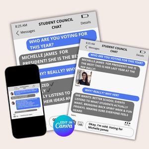May include: A smartphone and two digital mockups of a student council chat. The chat bubbles discuss voting for Michelle James for president, highlighting her plans for better school events and listening to students' ideas.