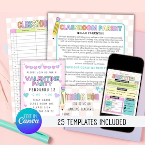May include: A collection of colorful classroom templates, including a Valentine's Day party invitation, a parent newsletter on a smartphone, and a thank you note for teachers. The templates are designed for easy editing in Canva.