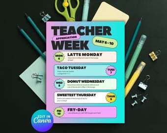 Teacher Appreciation Week Schedule Flyer: Editable Canva Template (8x10) (Digital Download)