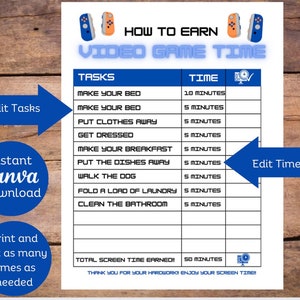 Editable Video Game Time Chart Screen Time Checklist Screen - Etsy