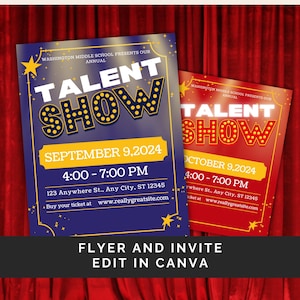 May include: Two colourful flyers for a talent show. The top flyer is blue with yellow text and stars. It says "Talent Show" and "September 9, 2024" with the time "4:00 - 7:00 PM". The bottom flyer is red with white text and says "Talent Show" and "October 9, 2024" with the time "4:00 - 7:00 PM". Both flyers have the same address and website.