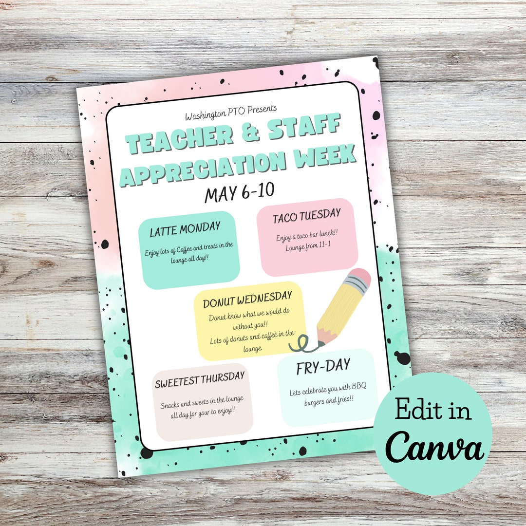 Teacher Appreciation Week Schedule: Editable Printable Flyer (canva) - Etsy