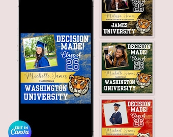 Publicación en redes sociales para el día de la decisión universitaria: Anuncio de graduación (plantilla de Canva)
