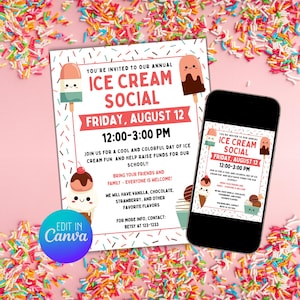 Ice Cream Social Flyer: Editable Canva Template, Summer Party Invite (Digital Download)