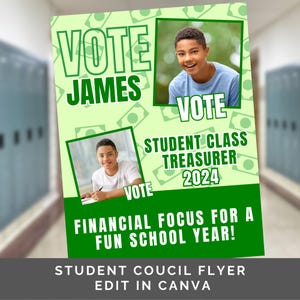 Campaign treasurer, voting flyer, class campaign flyer, class president, high school, vote, fundraiser campaign, student council, flyer
