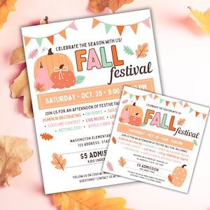 Può includere: Due volantini per un festival autunnale. Presentano illustrazioni di zucche e foglie autunnali. Il testo recita "Fall Festival" ed elenca le attività. I volantini includono data, ora e luogo.