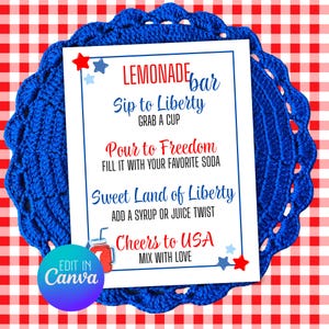 Patriotic Lemonade Bar Sign: 4th of July Party Decor (8.5x11&quot; Editable Canva Template)