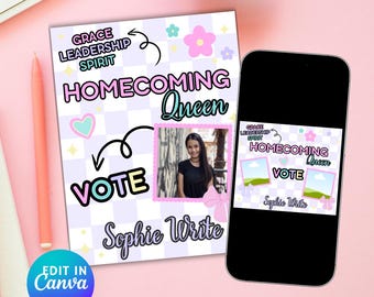 Bearbeitbarer Studenten-Wahlkampfflyer: HomeComing Queen, Studentenrat (Canva-Vorlage, digitaler Download)