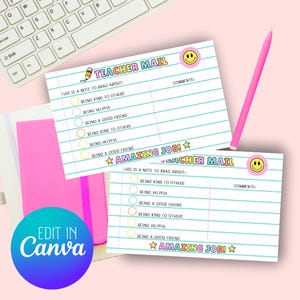 May include: Two "Teacher Mail" cards with lined paper, a smiley face, and the text "Amazing Job!". A pink pen and a pink notebook are also visible. The cards have checkboxes for positive behaviors.