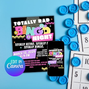 Bingo night, bingo family, bingo party, party bingo game, printable flyers, game night, 90s bingo night, music video bingo, fundraiser event
