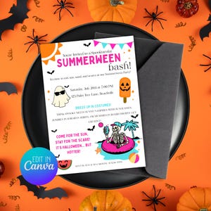 Editable Summerween Party Invitation: Spooky Halloween Pool Party (Canva Template, Digital Download)