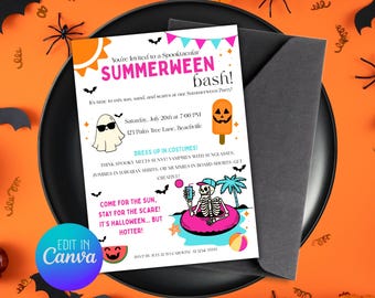 Bewerkbare uitnodiging Summerween-feestje: Spooky Halloween Pool Party (canvasjabloon, digitale download)