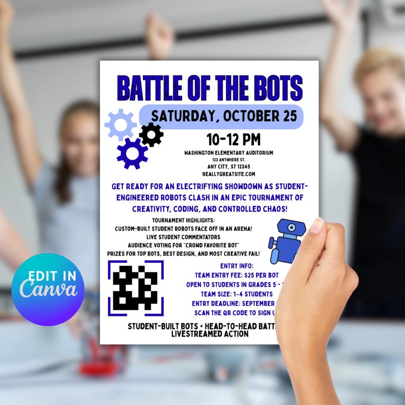 Robot Battle Tournament Flyer: STEM Fundraiser, Editable Canva Template ...