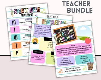 May include: A teacher bundle featuring three colorful printable templates with lined paper backgrounds. The documents include a Spirit Week schedule, a September newsletter, and a Meet the Teacher flyer, all decorated with pencil, apple, and coffee illustrations.