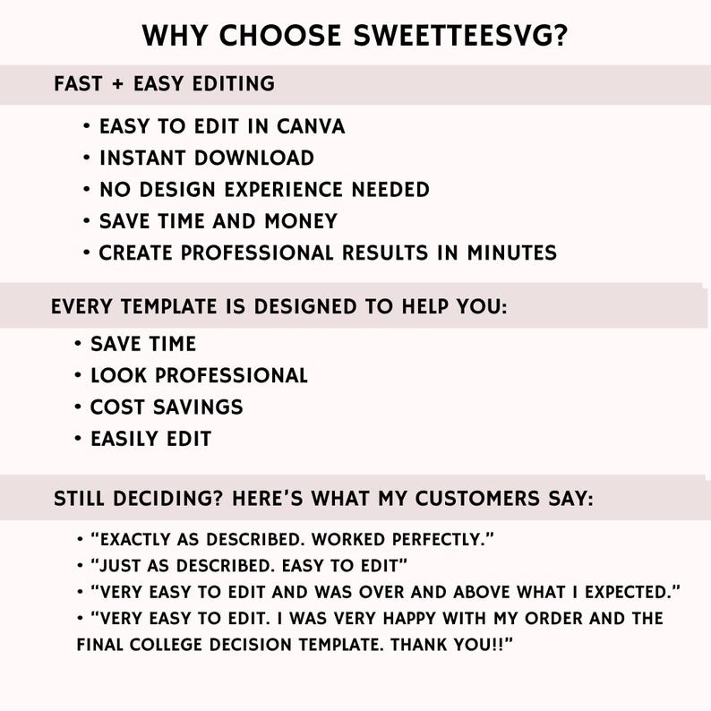 K&ouml;nnte beinhalten: Wei&szlig;es Grafikdesign mit dem Text "WHY CHOOSE SWEETTEESVG?" und Aufz&auml;hlungspunkten, die Funktionen wie einfache Bearbeitung, sofortiger Download und professionelle Ergebnisse auflisten. Kundenreferenzen sind ebenfalls enthalten.