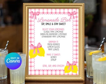 Bearbeitbares Pink Lemonade Bar Schild | Sommerparty, Babyparty Dekor (Canva Template)