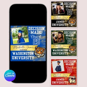 May include: A smartphone displays graduation announcements. Each announcement features a graduate's photo, the text "Decision Made! Class of '26," and the university name. The announcements are in various colors, with tiger or bulldog mascots.