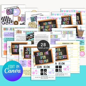 Op de afbeelding: Een verzameling van 28 bewerkbare Canva-sjablonen voor PTA-evenementen. De sjablonen hebben kleurrijke ontwerpen met tekst als 'Doe vandaag nog mee met de PTA!' en 'U bent de liefste leraar'. Inclusief QR-codes.