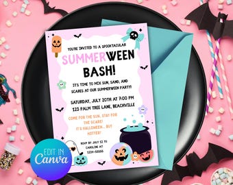 Bewerkbare Summerween-feestuitnodiging: Spooky Halloween in juli (canvasjabloon, digitale download)