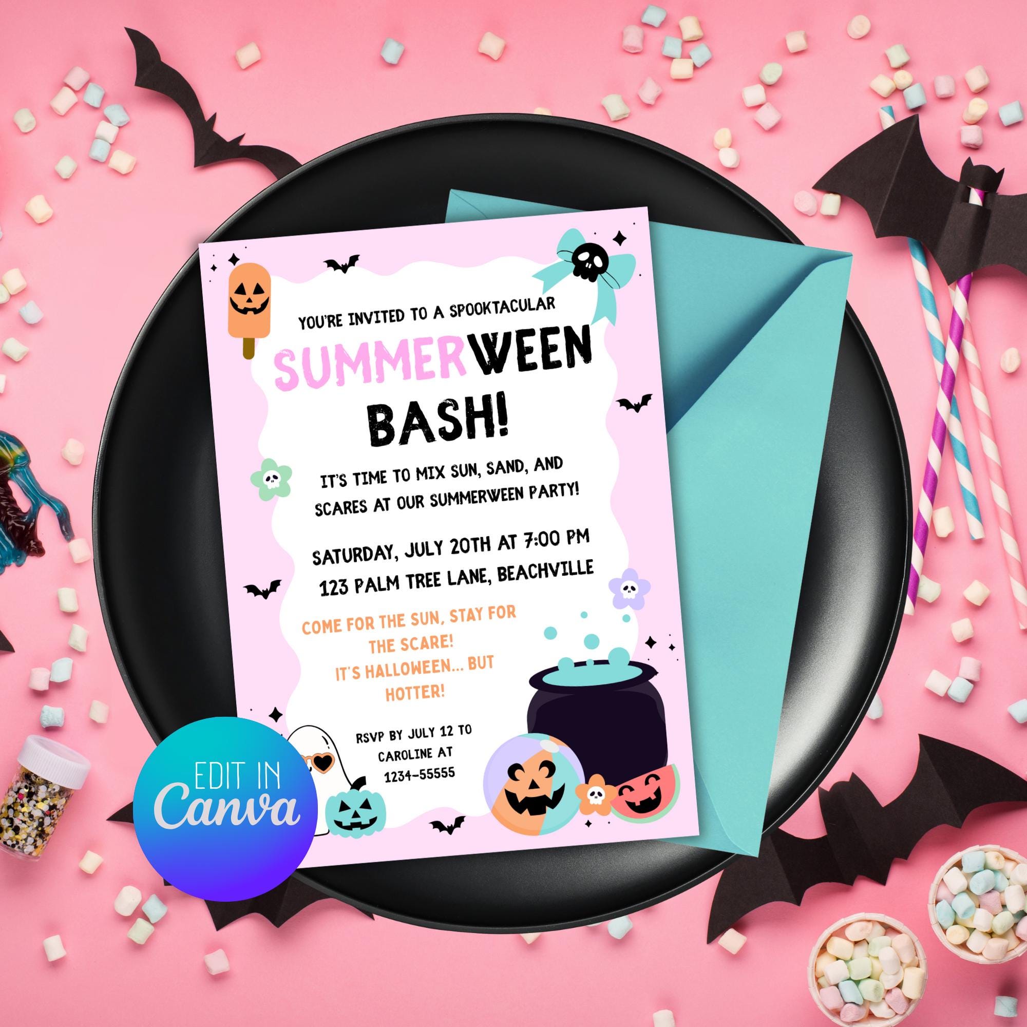 Editable Summerween Party Invitation: Spooky Halloween in July (canva ...