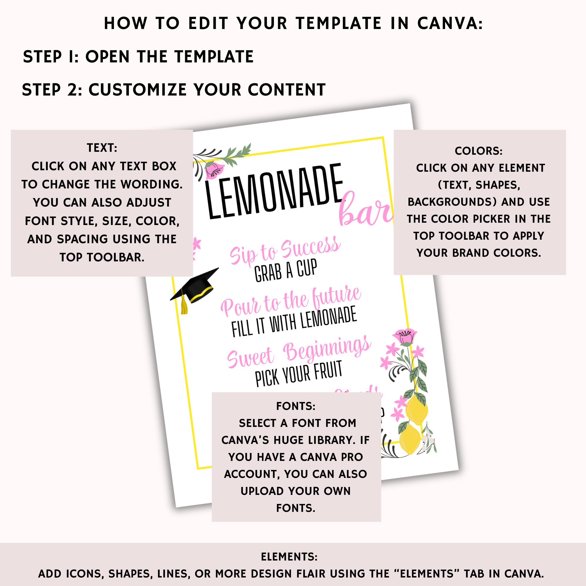 Graduation Lemonade Bar Sign: Editable Canva Template (8.5x11