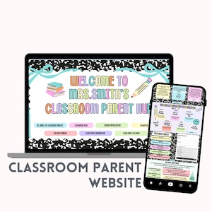 Könnte beinhalten: Eine digitale Website-Vorlage für Eltern-Hubs im Klassenzimmer, angezeigt auf einem Laptop- und Smartphone-Bildschirm. Das Design umfasst einen schwarz-weißen Notizbuch-Musterrahmen, pastellfarbene Schaltflächen, Bücherstapel und eine Bleistiftgrafik.