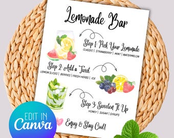レモネードバーの看板：卒業パーティーの装飾、編集可能なテンプレート（Canva、PDF、PNG形式）