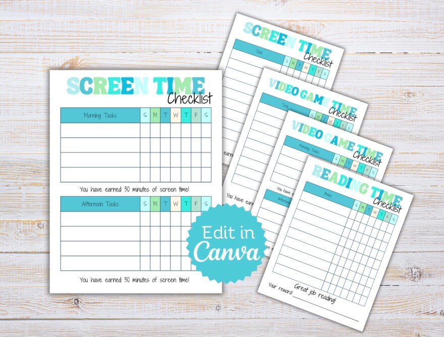 Editable Screen Time Checklist: Video Game & Reading Log (canva Digital ...