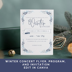 May include: A white flyer with a blue and gray winter-themed border. The text reads "Washington Elementary Presents Our Annual Winter Concert" with the date and time "Saturday, December 12, 4:00 - 7:00 PM". The location is listed as "Washington Elementary Auditorium, 123 Address, City, State Zip Code". The flyer states "Admission is Free".
