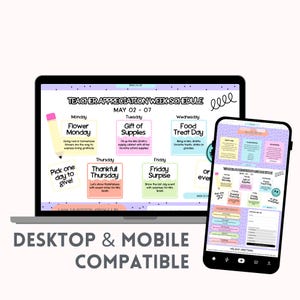 Op de afbeelding: Een laptop en een smartphone met een schema voor de Teacher Appreciation Week van 02 tot 07 mei. De digitale planner bevat dagelijkse thema's zoals Flower Monday, Gift of Supplies en Friday Surprise in pastelkleurige tekstvakken.
