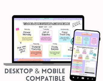May include: A laptop and a smartphone displaying a Teacher Appreciation Week schedule for May 02-07. The digital planner features daily themes like Flower Monday, Gift of Supplies, Food Treat Day, Thankful Thursday, and Friday Surprise with pastel boxes.