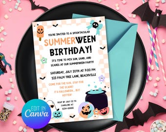 Bewerkbare Summerween-feestuitnodiging: Spooky Halloween in juli (canvasjabloon, digitale download)