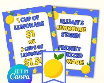 Lemonade Stand Printable Sign Kit: Editable Canva Templates (Digital Download