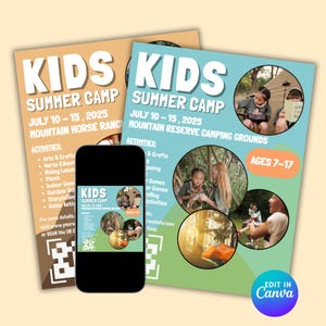 Plantilla de volante para campamento de verano: equitación, STEM, arte (Canva editable)