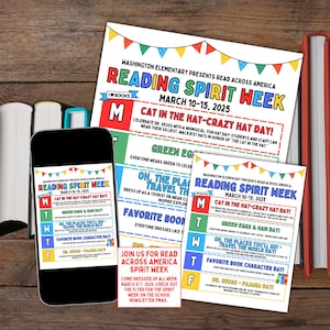 May include: A colorful flyer for Washington Elementary's Reading Spirit Week, March 10-15, 2025. The flyer features a daily theme for each day of the week, including "Cat in the Hat-Crazy Hat Day!" and "Green Eggs & Ham Day!"