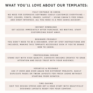 K&ouml;nnte beinhalten: Grafik mit Text, der lautet: "WHAT YOU'LL LOVE ABOUT OUR TEMPLATES:" gefolgt von Beschreibungen der Funktionen der Vorlagen, einschlie&szlig;lich Bearbeitung in Canva, sofortigem Download, Anf&auml;ngerfreundlichkeit, professionellem Design, Vielseitigkeit und Zeitersparnis.