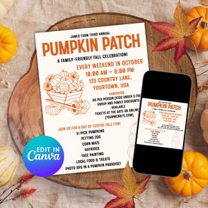 Pode incluir: Um folheto e um smartphone exibem os detalhes do evento "Pumpkin Patch". O folheto, em laranja e branco, anuncia uma celebração de outono para famílias com atividades como colheita de abóboras e um zoológico de animais. O evento é todos os fins de semana de outubro.
