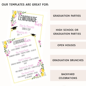 K&ouml;nnte beinhalten: Ein wei&szlig;es und gelbes Schild mit dem Text "LEMONADE bar" und einer Liste von Limonaden-Geschmacksrichtungen. Das Schild ist mit floralen und Zitronen-Illustrationen verziert. Das Schild ist f&uuml;r Abschlussfeiern, Tage der offenen T&uuml;r und Gartenfeiern.