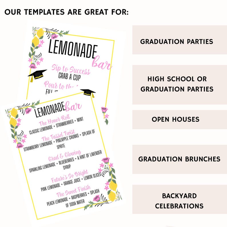 K&ouml;nnte beinhalten: Ein wei&szlig;es und gelbes Schild mit dem Text "LEMONADE bar" und einer Liste von Limonaden-Geschmacksrichtungen. Das Schild ist mit floralen und Zitronen-Illustrationen verziert. Das Schild ist f&uuml;r Abschlussfeiern, Tage der offenen T&uuml;r und Gartenfeiern.