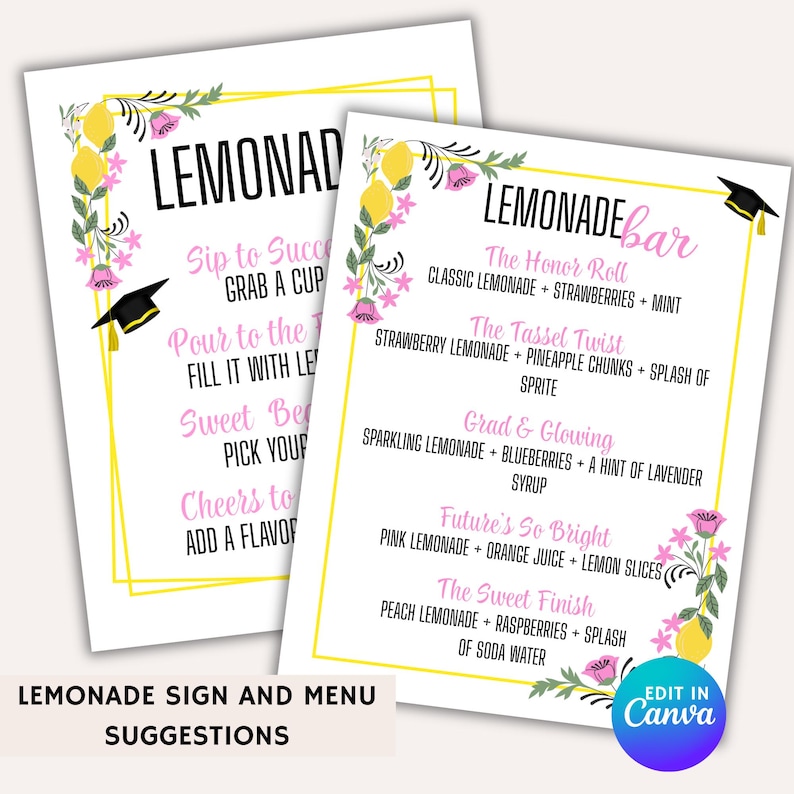 K&ouml;nnte beinhalten: Zwei wei&szlig;e Papierschilder mit Text zum Thema Limonade und Blumendekorationen. Auf einem Schild steht "Lemonade" mit Abschlusskappen-Grafiken. Das andere Schild listet Rezepte f&uuml;r Limonaden-Bar-Getr&auml;nke auf.