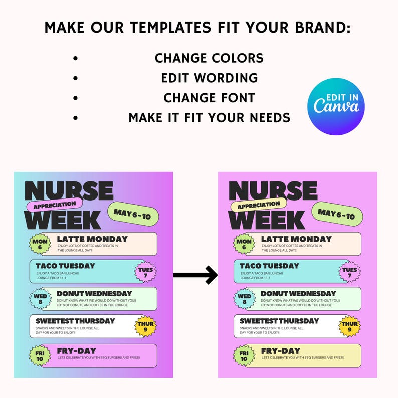 Nurse Appreciation Week Schedule Flyer: Editable Canva Template - Etsy