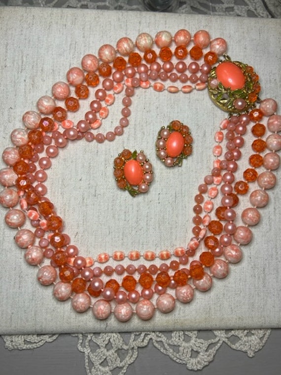 Vintage Beaded Orange/Orange Necklace Earrings - image 3
