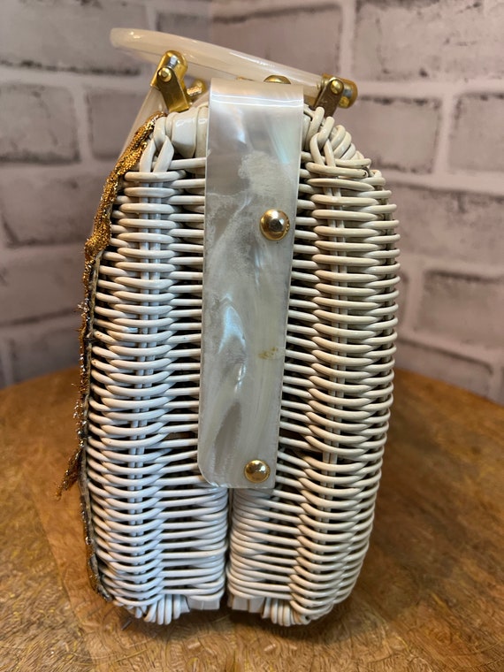 Vintage Wicker Handbag with Lucite Handles - image 4