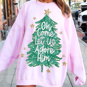 Oh kom, laten we hem aanbidden, kerst-png, nepglitterkerstboom, handgetekend, handgeletterd, nepglitterpailletten, sublimatiedownload