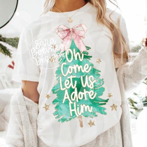 Oh kom, laten we hem aanbidden, kerst-png, coquette-kerstboom png, nepglitterkerstboom, handgetekend, sublimatiedownload