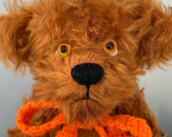 Handmade Traditional Jointed Artist Teddy Bear with Orange Curly Mohair and Personalised Pendant