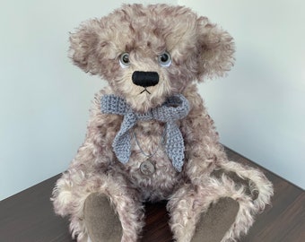 Handmade Traditional Jointed Artist Teddy Bear with Grey Curly Mohair and Personalised Pendant